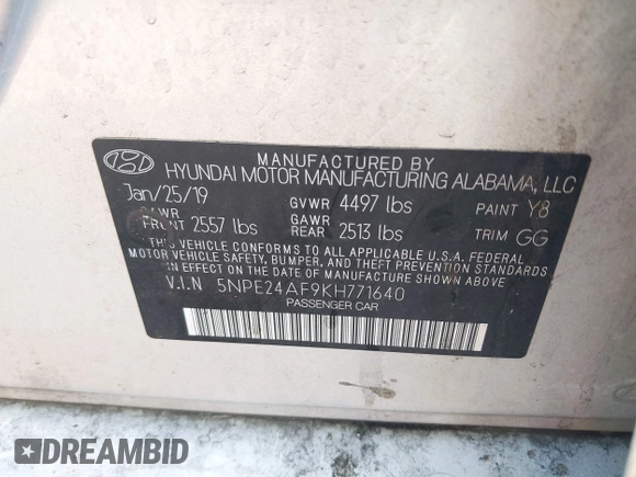 2019 Hyundai Sonata SE with VIN 5NPE24AF9KH771640, listed as a IAAI auction lot 41886677 with 151,909 mi miles and . Bid and sale history available at carsss.com. Image 9.