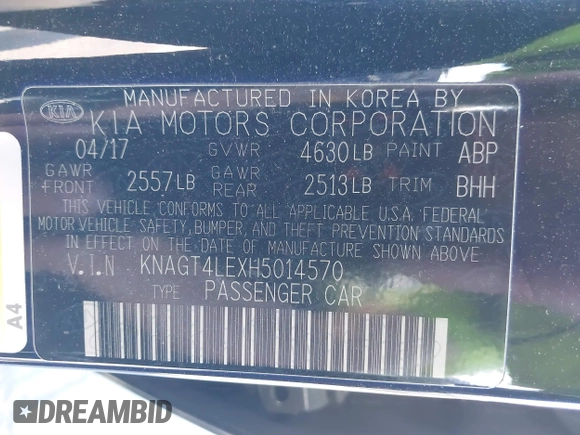 2017 Kia Optima Hybrid with VIN KNAGT4LEXH5014570, listed as a IAAI auction lot 41910017 with 126,532 mi miles. Bid and sale history available at carsss.com. Image 9.