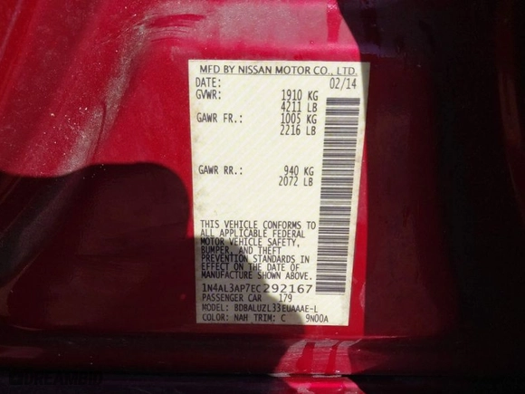 2014 Nissan Altima 2.5 S with VIN 1N4AL3AP7EC292167, listed as a IAAI auction lot 41747001 with NaN miles. Bid and sale history available at carsss.com. Image 9.
