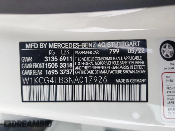 2022 Mercedes-Benz EQS with VIN W1KCG4EB3NA017926, listed as a Copart auction lot 51225244 with 18,669 mi miles and Salvage Title. Bid and sale history available at carsss.com. Image 12.