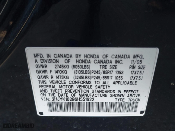2006 Honda Ridgeline RT with VIN 2HJYK16296H551622, listed as a IAAI auction lot 41852291 with 266,964 mi miles. Bid and sale history available at carsss.com. Image 9.