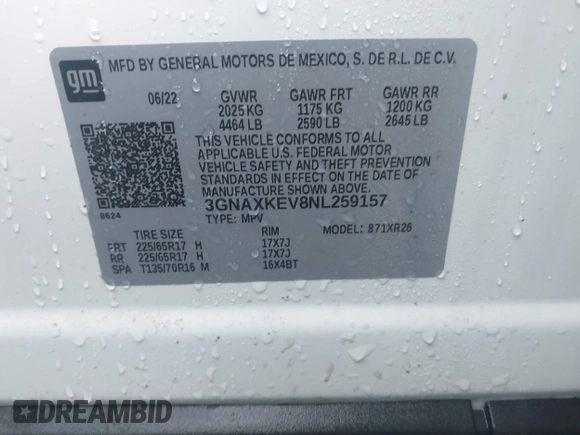 2022 Chevrolet Equinox LT with VIN 3GNAXKEV8NL259157, listed as a IAAI auction lot 42066917 with 38,206 mi miles and . Bid and sale history available at DreamBid. Image 9.