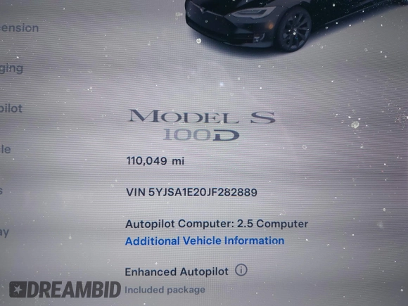 2018 Tesla Model S 75D with VIN 5YJSA1E20JF282889, listed as a IAAI auction lot 41823505 with 110,049 mi miles and . Bid and sale history available at DreamBid. Image 7.