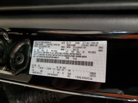 2017 Ford F-150 XL with VIN 1FTEW1EGXHFB19831, listed as a Copart auction lot 51917945 with 129,117 mi miles and Salvage Title. Bid and sale history available at carsss.com. Image 12.