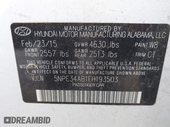 2015 Hyundai Sonata Sport with VIN 5NPE34AB1FH193503, listed as a IAAI auction lot 42195408 with 117,677 mi miles and . Bid and sale history available at carsss.com. Image 9.
