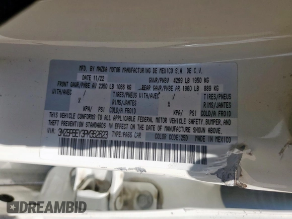 2023 Mazda 3 Premium Plus with VIN 3MZBPBEY3PM352623, listed as a Copart auction lot 63944895 with 15,645 mi miles and Salvage title. Bid and sale history available at DreamBid. Image 12.