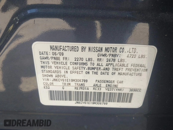 2009 Infiniti G37 Journey with VIN JNKCV61E19M306799, listed as a IAAI auction lot 42056449 with Not Provided miles and . Bid and sale history available at carsss.com. Image 9.