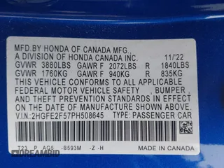2023 Honda Civic Sport with VIN 2HGFE2F57PH508645, listed as a IAAI auction lot 42346761 with 28,748 mi miles and . Bid and sale history available at DreamBid. Image 9.