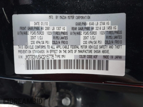 2010 Mazda CX-9 Touring z VIN JM3TB3MV6A0215776, wystawiony jako IAAI lot #42739616 z przebiegiem 215 350 mil mil oraz . Historia ofert i sprzedaży dostępna na DreamBid. Obrazek 9.