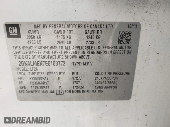 2014 GMC Terrain SLE with VIN 2GKALMEK7E6158772, listed as a IAAI auction lot 41956896 with 142,803 mi miles. Bid and sale history available at carsss.com. Image 9.