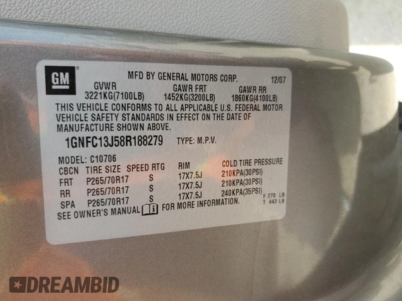 2008 Chevrolet Tahoe 1LT with VIN 1GNFC13J58R188279, listed as a Copart auction lot 53961453 with 195,686 mi miles and Non repairable. Bid and sale history available at DreamBid. Image 13.