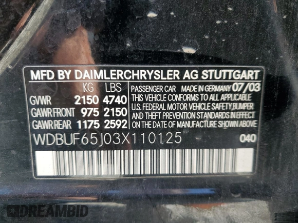 2003 Mercedes-Benz E-Class 3.2L with VIN WDBUF65J03X110125, listed as a Copart auction lot 70762014 with 389,223 mi miles and Clean Title. Bid and sale history available at carsss.com. Image 12.