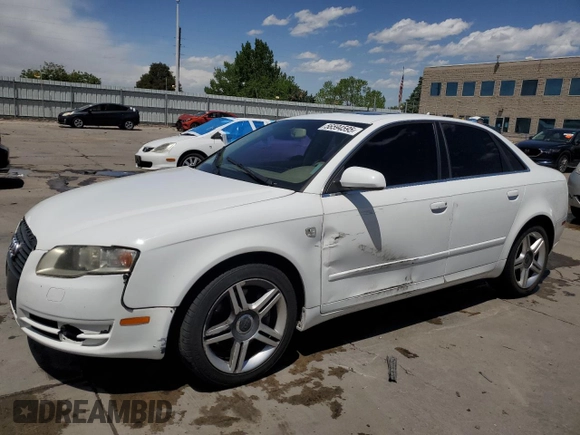 2007 Audi A4 2.0T with VIN WAUDF78E87A203390, listed as a Copart auction lot 56594595 with 122,328 mi miles and Salvage title. Bid and sale history available at DreamBid. Image 1.
