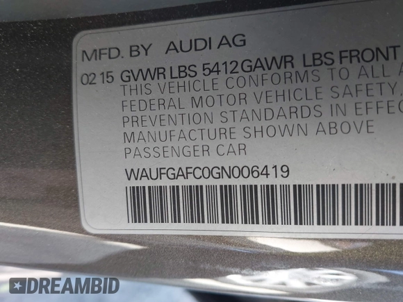 2016 Audi A6 Premium Plus with VIN WAUFGAFC0GN006419, listed as a IAAI auction lot 41745533 with 114,315 mi miles and . Bid and sale history available at DreamBid. Image 9.