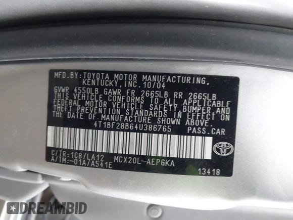2004 Toyota Avalon XL with VIN 4T1BF28B64U386765, listed as a IAAI auction lot 41298352 with 201,539 mi miles and . Bid and sale history available at DreamBid. Image 9.