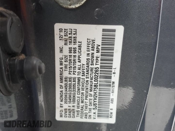 2011 Honda Element EX z VIN 5J6YH2H75BL002265, wystawiony jako Copart lot #56382765 z przebiegiem Nie podano mil oraz Szkoda całkowita • Salvage title. Historia ofert i sprzedaży dostępna na DreamBid. Obrazek 13.