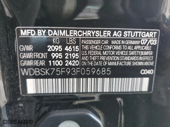 2003 Mercedes-Benz SL-Class with VIN WDBSK75F93F059685, listed as a Copart auction lot 50923535 with 62,032 mi miles and Non Repairable. Bid and sale history available at carsss.com. Image 12.