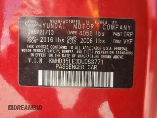 2013 Hyundai Elantra with VIN KMHD35LE3DU083771, listed as a Copart auction lot 60234595 with 145,568 mi miles and Salvage title. Bid and sale history available at DreamBid. Image 12.