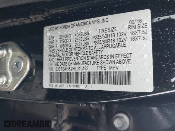 2017 Acura RDX w/Technology Pkg with VIN 5J8TB4H52HL016422, listed as a IAAI auction lot 41595277 with 147,120 mi miles. Bid and sale history available at carsss.com. Image 9.