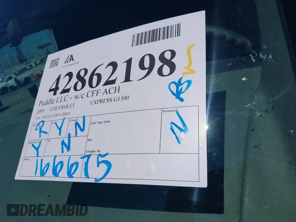 2009 Chevrolet Express Cargo with VIN 1GCFG15XX91120414, listed as a IAAI auction lot 42862198 with 166,675 mi miles and . Bid and sale history available at DreamBid. Image 12.