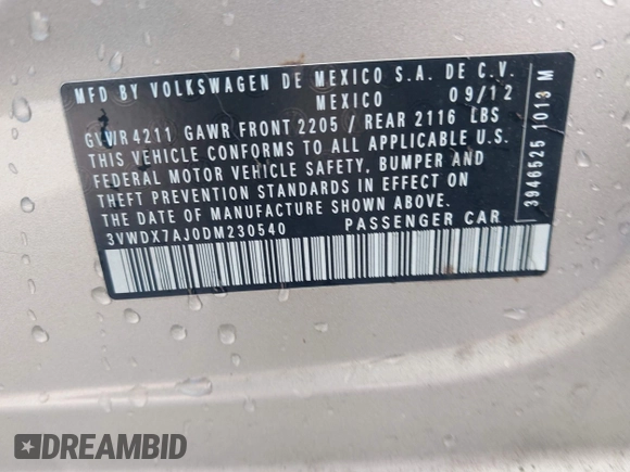 2013 Volkswagen Jetta SE с VIN 3VWDX7AJ0DM230540, выставлен на аукционе IAAI как лот 42655123 с пробегом 157 950 миль миль и . История ставок и продаж доступна на DreamBid. Изображение 9.