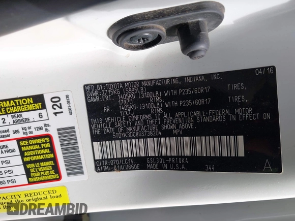2016 Toyota Sienna XLE with VIN 5TDYK3DC8GS738204, listed as a IAAI auction lot 41105430 with 109,248 mi miles. Bid and sale history available at carsss.com. Image 9.