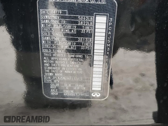 2019 Infiniti QX50 Pure with VIN 3PCAJ5M3XKF137423, listed as a Copart auction lot 41875765 with 27,757 mi miles and Salvage title. Bid and sale history available at DreamBid. Image 14.