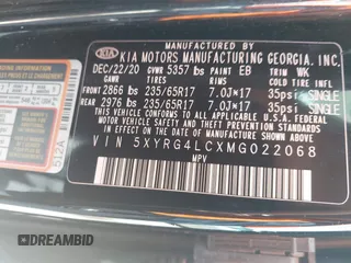 2021 Kia Sorento LX with VIN 5XYRG4LCXMG022068, listed as a IAAI auction lot 42674184 with 112,163 mi miles and . Bid and sale history available at DreamBid. Image 9.