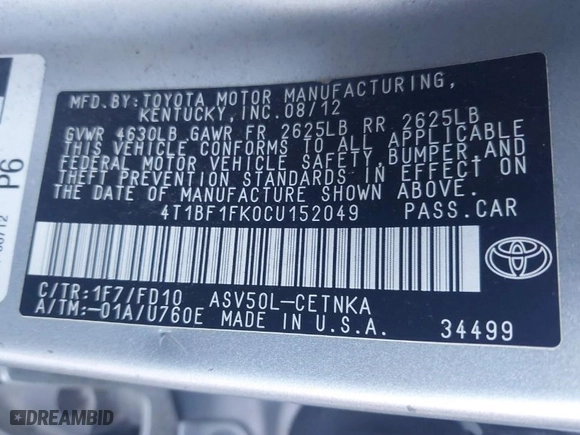 2012 Toyota Camry L with VIN 4T1BF1FK0CU152049, listed as a IAAI auction lot 41981295 with 183,298 mi miles. Bid and sale history available at carsss.com. Image 9.