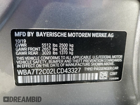 2020 BMW 7 Series 740i with VIN WBA7T2C02LCD43327, listed as a Copart auction lot 52796565 with 79,744 mi miles and Non Repairable. Bid and sale history available at carsss.com. Image 13.