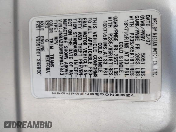 2007 Nissan Murano SL with VIN JN8AZ08W87W647843, listed as a IAAI auction lot 42082751 with Not Provided miles and . Bid and sale history available at DreamBid. Image 9.