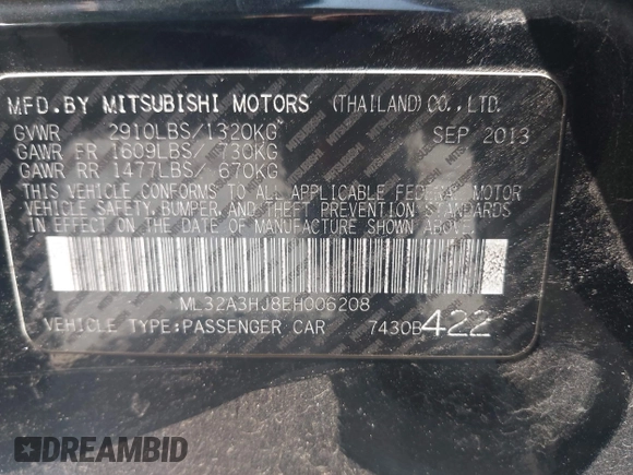 2014 Mitsubishi Mirage DE with VIN ML32A3HJ8EH006208, listed as a IAAI auction lot 42571666 with 99,117 mi miles and . Bid and sale history available at DreamBid. Image 9.