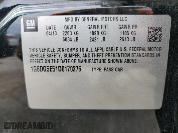 2013 Cadillac CTS Luxury with VIN 1G6DG5E51D0170276, listed as a Copart auction lot 50801785 with 96,770 mi miles and Salvage Title. Bid and sale history available at carsss.com. Image 13.