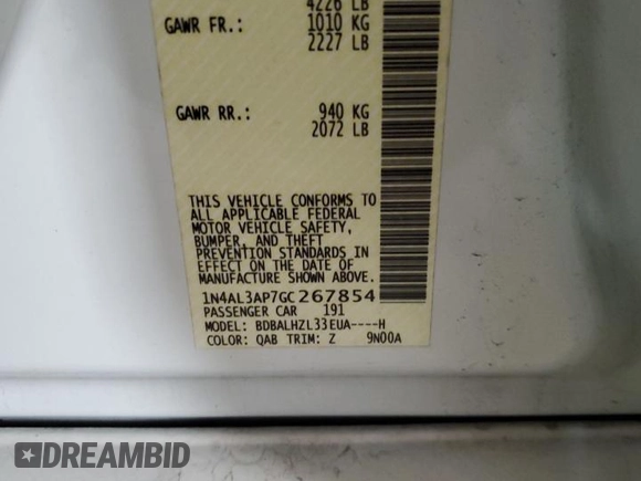 2016 Nissan Altima SR with VIN 1N4AL3AP7GC267854, listed as a Copart auction lot 49595595 with Not Provided miles and Salvage Title. Bid and sale history available at DreamBid. Image 13.