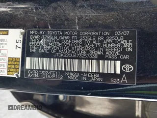 2007 Toyota Prius with VIN JTDKB20U673257335, listed as a IAAI auction lot 42707876 with 206,399 mi miles and . Bid and sale history available at DreamBid. Image 9.