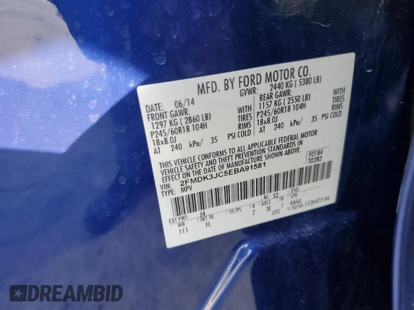 2014 Ford Edge SEL with VIN 2FMDK3JC5EBA91581, listed as a Copart auction lot 46367775 with 155,734 mi miles and Salvage Title. Bid and sale history available at carsss.com. Image 13.