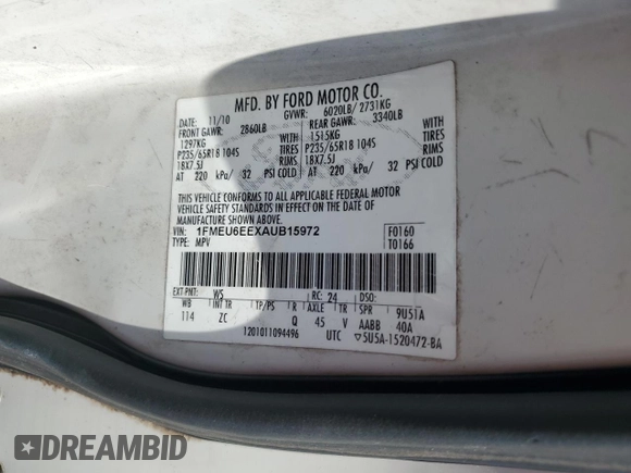 2010 Ford Explorer Eddie Bauer z VIN 1FMEU6EEXAUB15972, wystawiony jako Copart lot #57467035 z przebiegiem 211 304 mil mil oraz Szkoda całkowita • Salvage title. Historia ofert i sprzedaży dostępna na DreamBid. Obrazek 13.