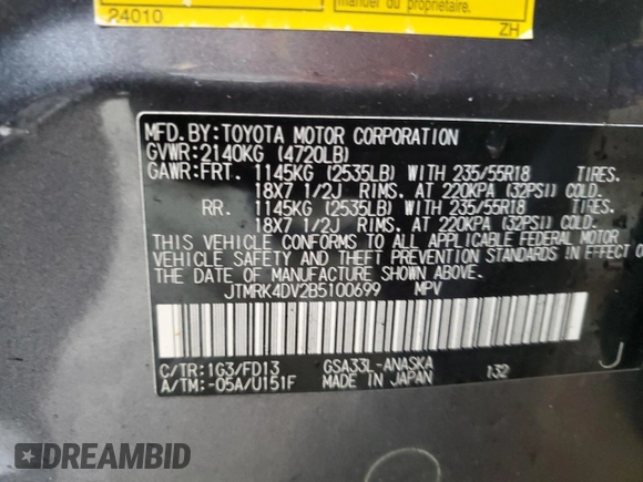 2011 Toyota RAV4 Sport with VIN JTMRK4DV2B5100699, listed as a Copart auction lot 42341895 with 123,772 mi miles and Non Repairable. Bid and sale history available at carsss.com. Image 13.