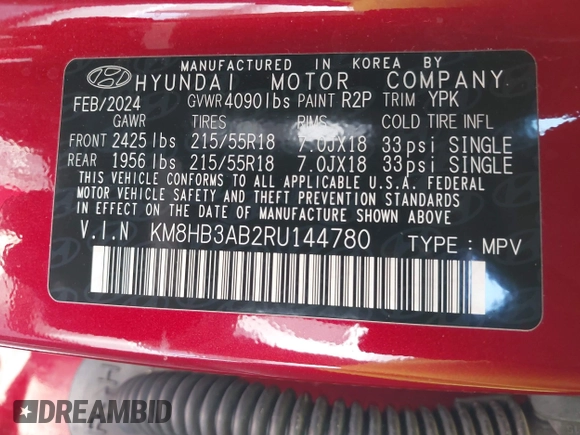 2024 Hyundai Kona SEL with VIN KM8HB3AB2RU144780, listed as a IAAI auction lot 42006519 with 19,568 mi miles and . Bid and sale history available at DreamBid. Image 9.