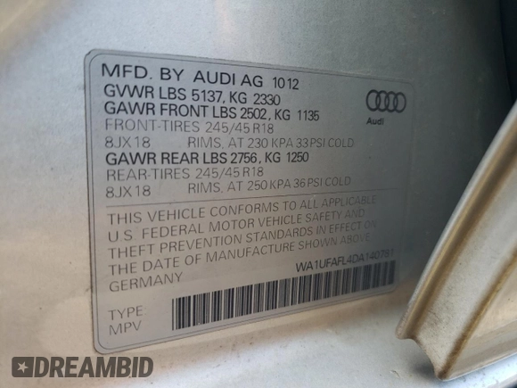 2013 Audi allroad Premium Plus with VIN WA1UFAFL4DA140781, listed as a Copart auction lot 71558724 with 59,278 mi miles and Salvage Title. Bid and sale history available at carsss.com. Image 12.