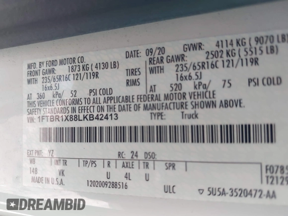 2020 Ford Transit Cargo with VIN 1FTBR1X88LKB42413, listed as a IAAI auction lot 42008866 with 77,665 mi miles and . Bid and sale history available at DreamBid. Image 9.