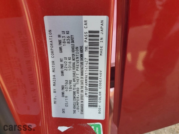 2019 Mazda Mazda3 Hatchback w/Preferred Pkg with VIN JM1BPAMM9K1141427, listed as a Copart auction lot 49545345 with 39,352 mi miles and Salvage Title. Bid and sale history available at carsss.com. Image 14.