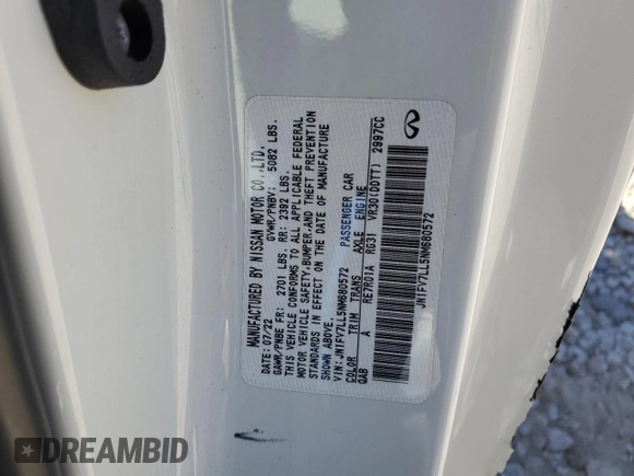 2022 Infiniti Q60 Red Sport 400 with VIN JN1FV7LL5NM680572, listed as a Copart auction lot 49444544 with 36,374 mi miles and Salvage title. Bid and sale history available at DreamBid. Image 12.