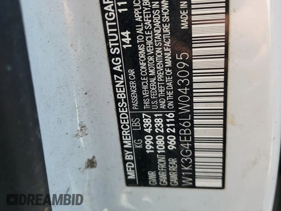 2020 Mercedes-Benz A 220 with VIN W1K3G4EB6LW043095, listed as a Copart auction lot 61063645 with 75,576 mi miles and Clean title. Bid and sale history available at DreamBid. Image 12.