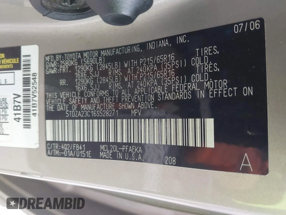 2006 Toyota Sienna CE with VIN 5TDZA23C16S528271, listed as a IAAI auction lot 42067489 with 212,777 mi miles. Bid and sale history available at carsss.com. Image 9.