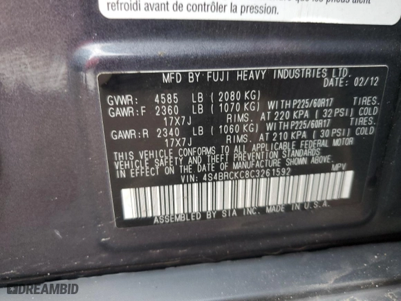 2012 Subaru Outback 2.5i Limited with VIN 4S4BRCKC8C3261592, listed as a Copart auction lot 51921215 with 191,415 mi miles and Salvage Title. Bid and sale history available at carsss.com. Image 13.