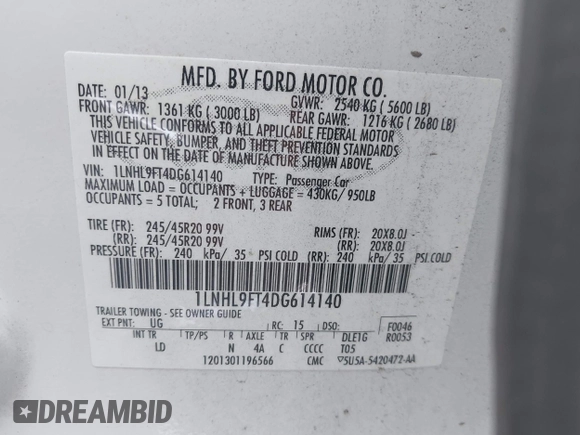 2013 Lincoln MKS EcoBoost with VIN 1LNHL9FT4DG614140, listed as a IAAI auction lot 42866991 with 126,487 mi miles and . Bid and sale history available at DreamBid. Image 9.