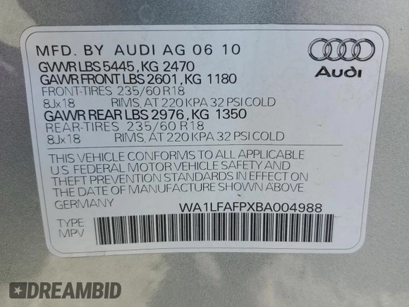 2011 Audi Q5 Premium Plus with VIN WA1LFAFPXBA004988, listed as a Copart auction lot 64887795 with 165,464 mi miles and Salvage title. Bid and sale history available at DreamBid. Image 13.