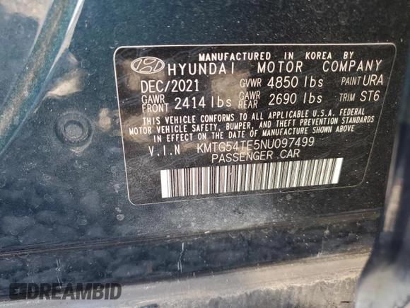 2022 Genesis G70 3.3T with VIN KMTG54TE5NU097499, listed as a Copart auction lot 75570294 with 64,864 mi miles and Salvage Title. Bid and sale history available at DreamBid. Image 12.
