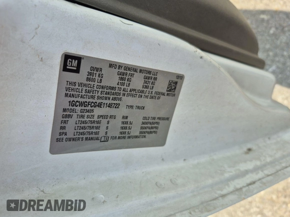2014 Chevrolet Express Cargo with VIN 1GCWGFCG4E1148722, listed as a IAAI auction lot 42785369 with 188,945 mi miles and . Bid and sale history available at DreamBid. Image 18.